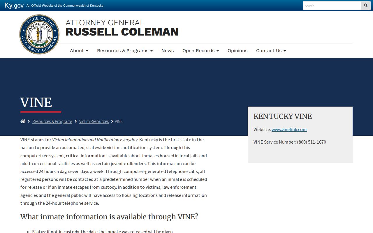 Kentucky VINE Madison County release notification timing and PIN instructions
